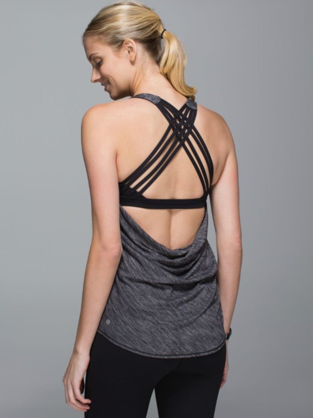 Lululemon Wild Tank Heathered Black Open Back w/ Built In Bra